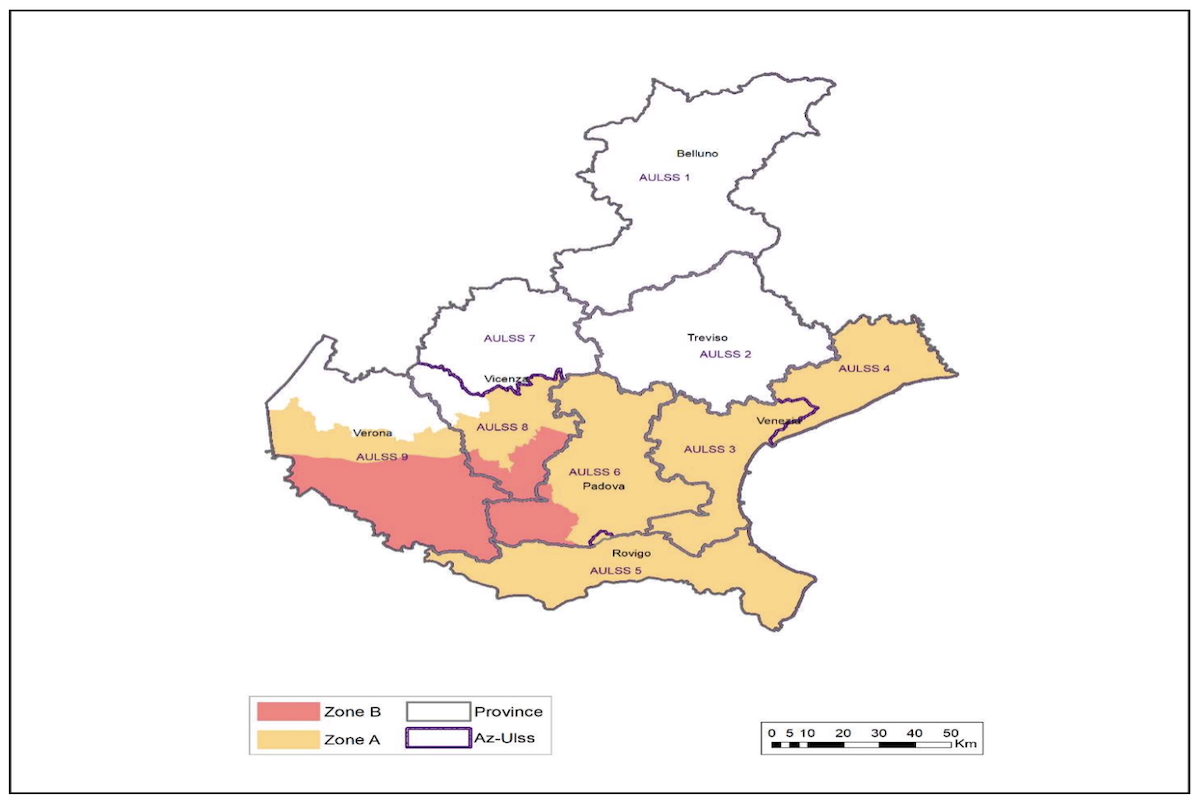 Mappa delle zone del Veneto a rischio A e B per l'influenza aviaria ad alta patogenicità